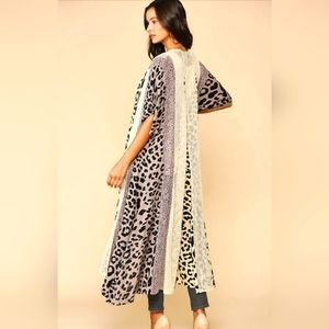 Buckle Leopard and Lace Mixed Print Yellow & Pink Duster Open Front Boho Kimono